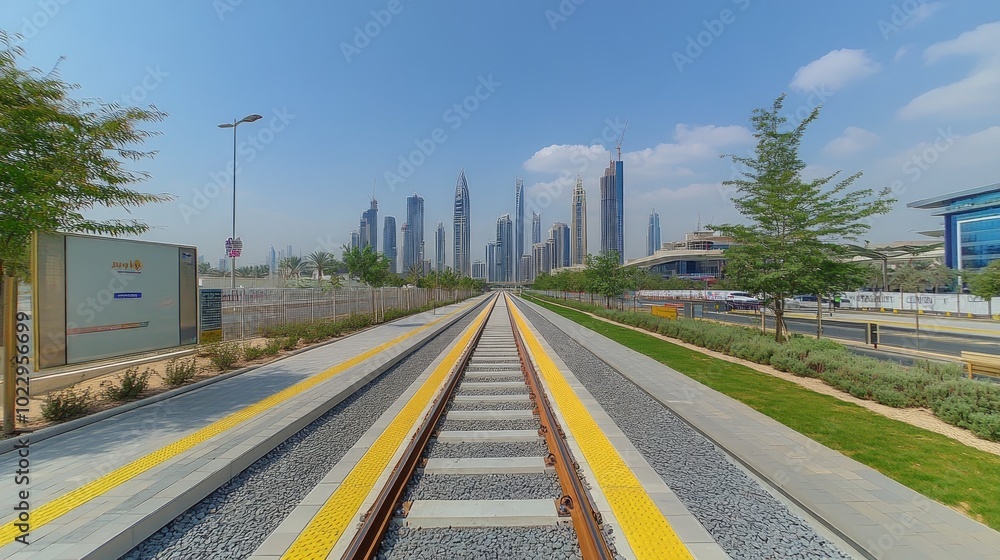 A view of a train track leading towards a city skyline. A view of a train track leading towards a city skyline.