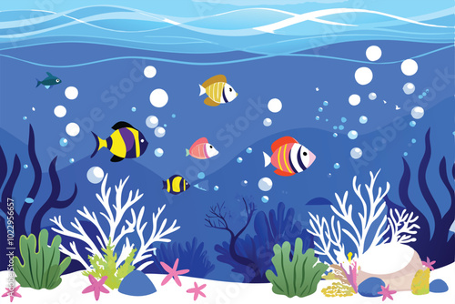 Generate an image of a peaceful underwater scene with colorful fish swimming among coral reefs and seaweed.