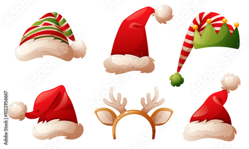 Santa Claus hats, elf hat, headdress with deer antlers and star. Winter hat, Christmas headdress, Santa Claus vector cap. Vector set for decorating Christmas and New Year designs.
