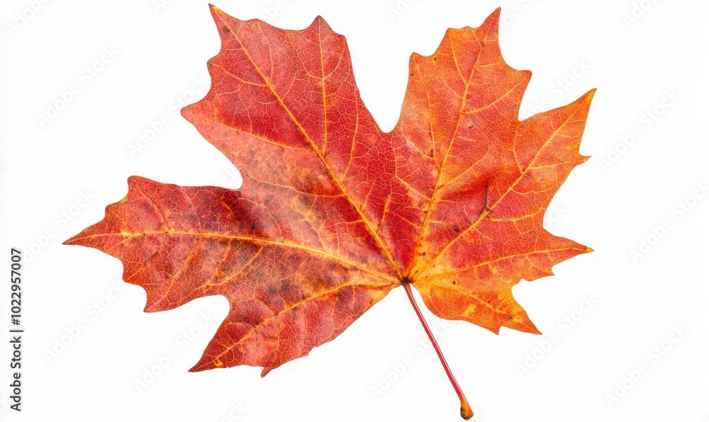 A red, burgundy maple leaf on a white background with an autumn theme. A red, burgundy maple leaf on a white background with an autumn theme.