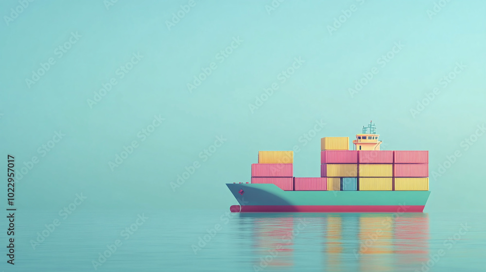 panorama of a large cargo ship in the sea 2d illustration shape side view extreme wide shot view light blue sunny day shades soft pastel colors presentation solid background cartoon UI graphics style panorama of a large cargo ship in the sea 2d illustration shape side view extreme wide shot view light blue sunny day shades soft pastel colors presentation solid background cartoon UI graphics style