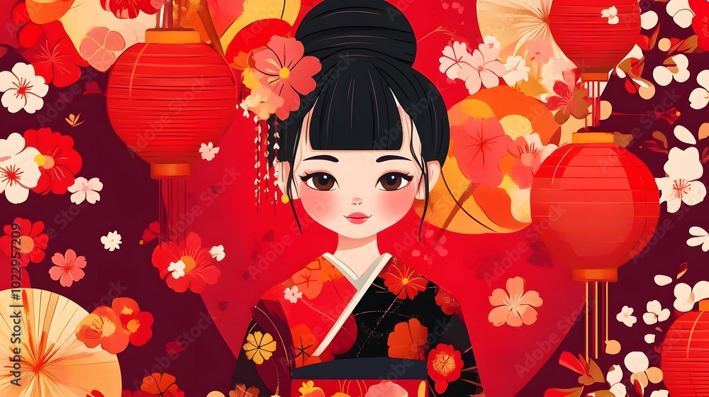 Cute Girl in Traditional Kimono with Red Lanterns and Flowers Cute Girl in Traditional Kimono with Red Lanterns and Flowers
