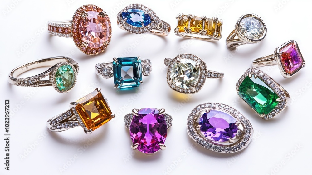 Close-up of a variety of colorful gemstone rings displayed against a pristine white background, highlighting their unique shapes and colors Close-up of a variety of colorful gemstone rings displayed against a pristine white background, highlighting their unique shapes and colors