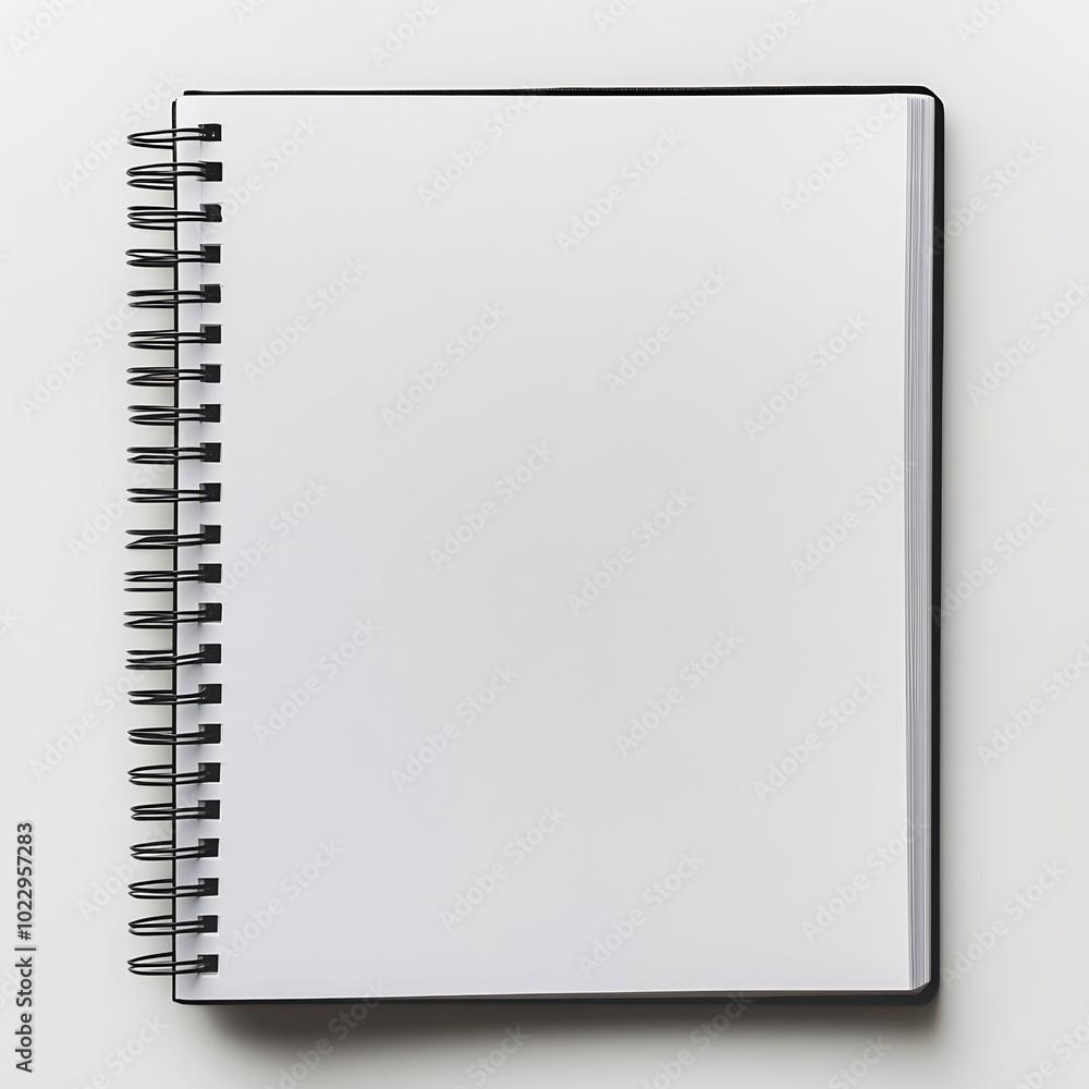Notebook with spiral binding, laid flat, overhead angle, with pages turning, white background Notebook with spiral binding, laid flat, overhead angle, with pages turning, white background