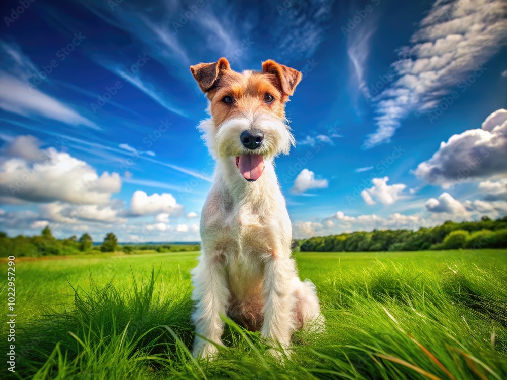 Playful Wired Hair Fox Terrier Sitting on a Green Grass Field Under a Bright Blue Sky in Nature Playful Wired Hair Fox Terrier Sitting on a Green Grass Field Under a Bright Blue Sky in Nature