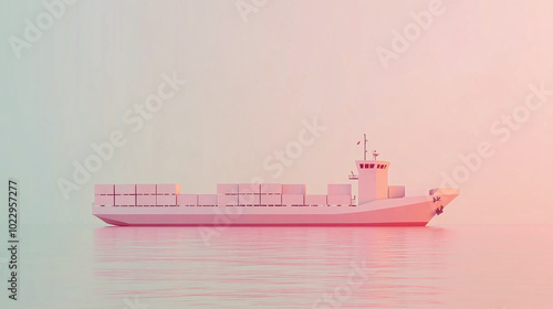 panorama of a large cargo ship in the sea 2d illustration shape looks 3d side view red shades soft pastel colors presentation solid background cartoon UI motion graphics style photo