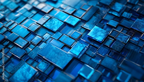 Abstract Pattern of Blue Square Tiles with a Reflective Surface