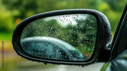 Close-up of raindrops on a car side mirror, reflecting distorted images, illustrating low visibility.