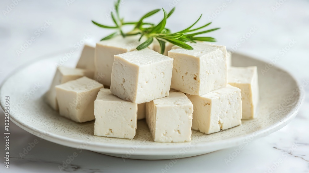 A white plate with neatly stacked cubes of tofu topped with a sprig of rosemary on a white marble countertop. A white plate with neatly stacked cubes of tofu topped with a sprig of rosemary on a white marble countertop.