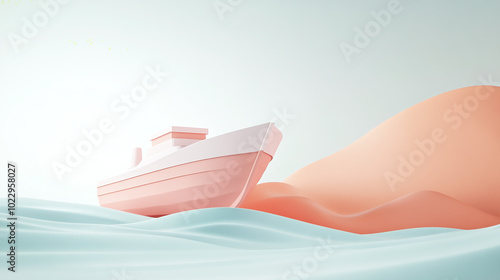 3d rendered polygonal ship in the sea isometric side view shades soft pastel colors boat transport solid background cartoon UI motion graphics paper cut out style origami