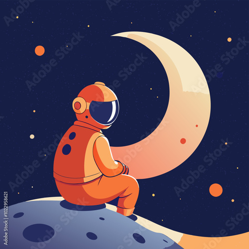 A whimsical digital illustration of a cartoon astronaut sitting on a tiny, cratered moon