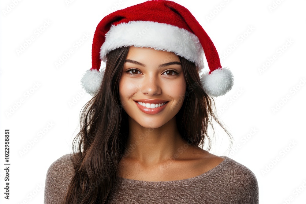 Christmas Woman in Santa Hat. Smiling Fashion Model Isolated - generative ai Christmas Woman in Santa Hat. Smiling Fashion Model Isolated - generative ai