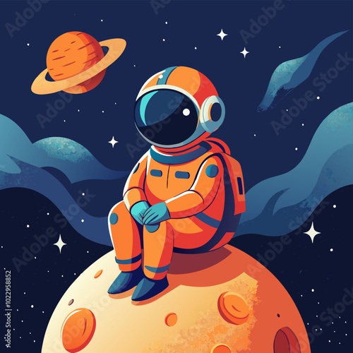 A whimsical digital illustration of a cartoon astronaut sitting on a tiny, cratered moon