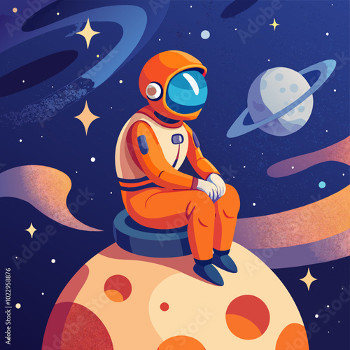 A whimsical digital illustration of a cartoon astronaut sitting on a tiny, cratered moon