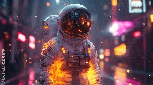 a neon cyberpunk astronaut standing on a glowing street with vibrant neon lights illuminating the night dressed in a hyperrealistic suit exuding a futuristic vibe