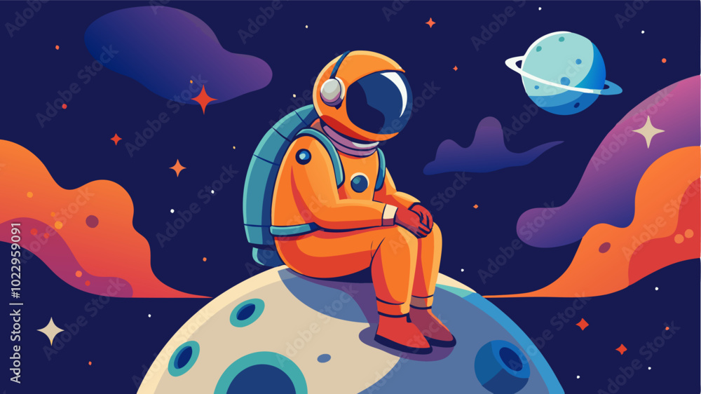 Fototapeta premium A whimsical digital illustration of a cartoon astronaut sitting on a tiny, cratered moon