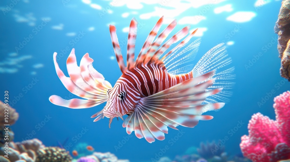 Vibrant Lionfish Swimming in Coral Reef Environment Vibrant Lionfish Swimming in Coral Reef Environment