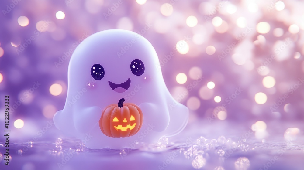 Cute ghost character holding a small pumpkin in front of a soft, purple background with a gentle glow Cute ghost character holding a small pumpkin in front of a soft, purple background with a gentle glow
