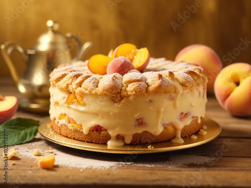 Homemade peach cake on wooden table in gold background. Rustic peach cake on vintage wood