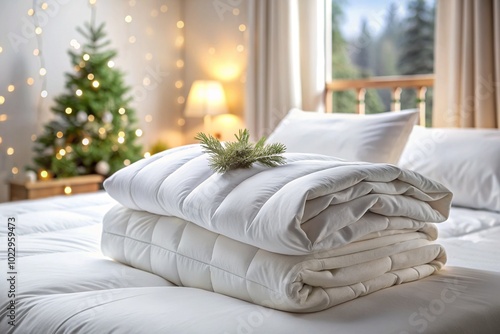 Preparing for the cold winter season, housekeeping, hotel or home textiles. A white folded duvet is lying on the made-up bed. photo