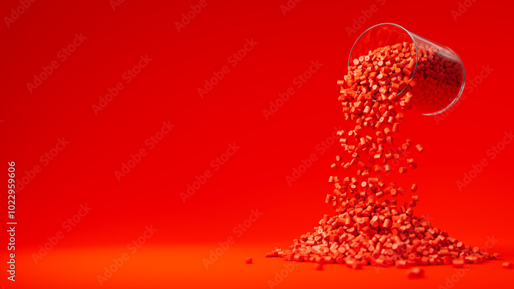 Red plastic polypropylene granules pouring from the glass on a red backdrop, masterbatch polymer grain pile. HDPE or PVC resin pellets. Place for text. 3d render illustration Red plastic polypropylene granules pouring from the glass on a red backdrop, masterbatch polymer grain pile. HDPE or PVC resin pellets. Place for text. 3d render illustration