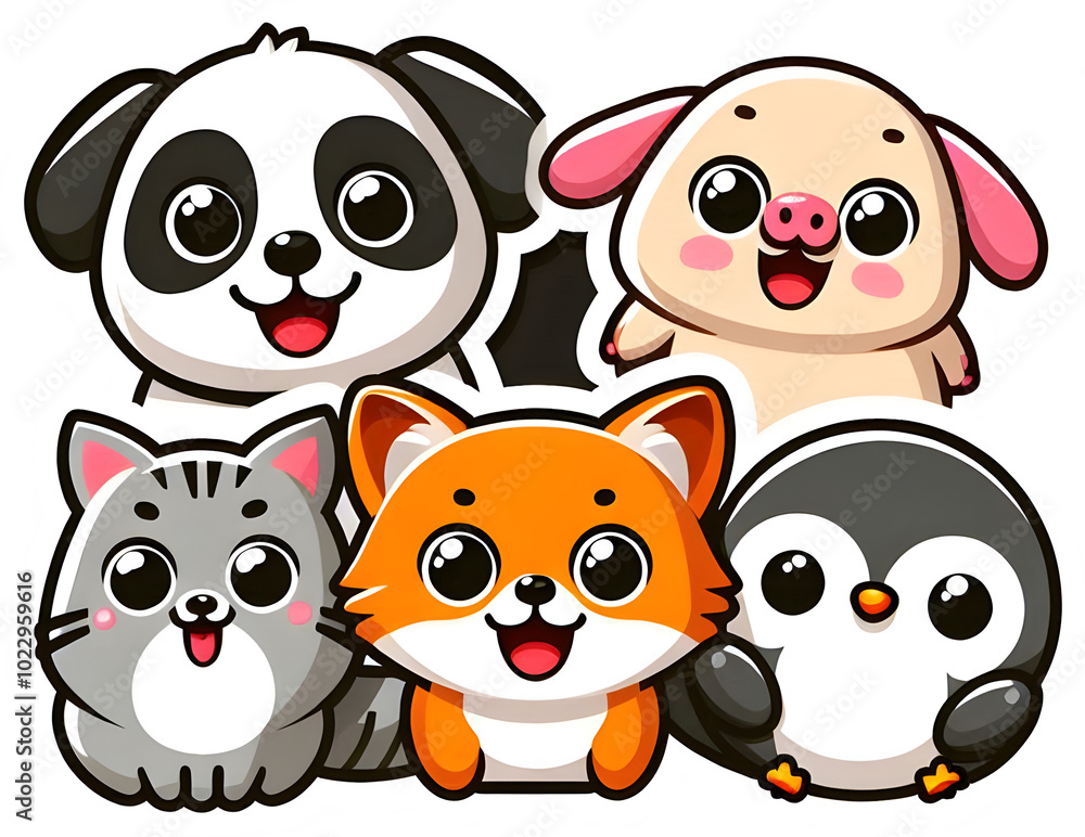 Fototapeta premium Cute cartoon animal stickers featuring adorable kawaii characters