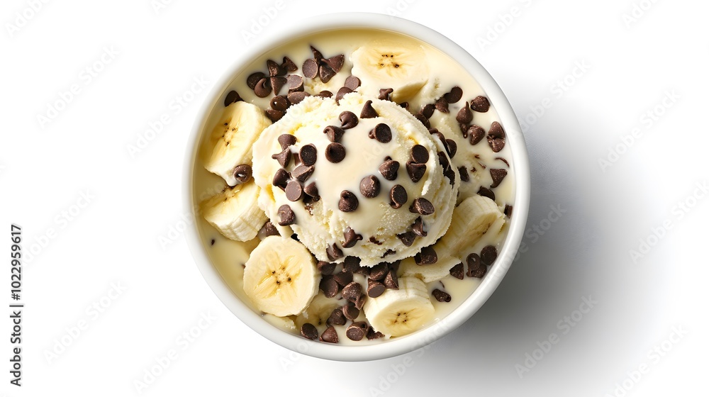 Delicious Banana and Chocolate Chip Ice Cream Dessert in White Bowl Delicious Banana and Chocolate Chip Ice Cream Dessert in White Bowl