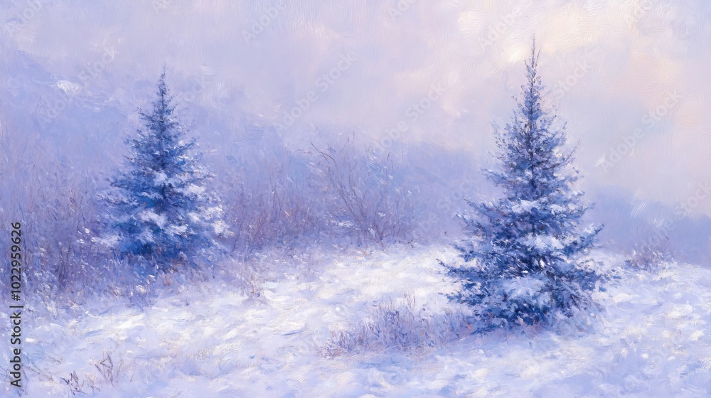 Winter blizzard, small fir trees bent under the wind gusts during a snowstorm. Winter blizzard, small fir trees bent under the wind gusts during a snowstorm.