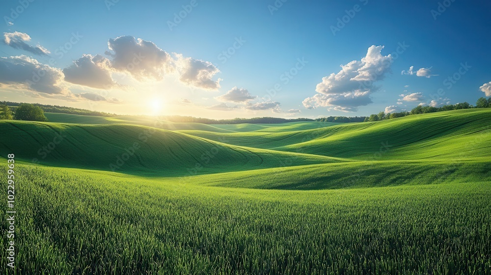 Fototapeta premium a peaceful pasture under a clear blue sky showcasing green grass gentle rolling hills and a serene atmosphere embodying tranquility and the beauty of the natural environment