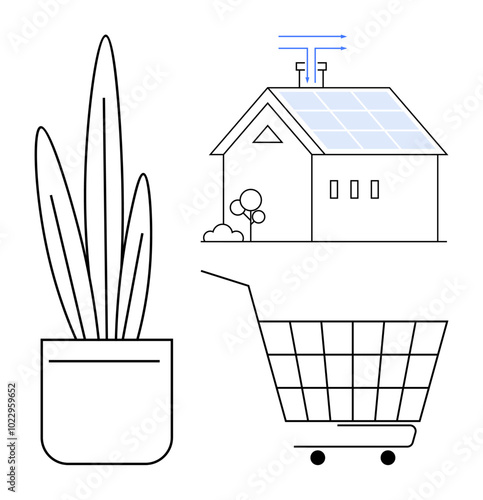 A minimalist design with a potted plant, an eco-friendly house with solar panels, and a shopping cart. Ideal for sustainability, eco-living, green lifestyle, minimalism, and environmental awareness