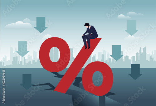 Unhappy trader sits on a percentage sign. Fall of rate, loss of investment. Bankruptcy concept banner. Loss of assets. Sad businessman in stress. Financial crisis. Flat vector illustration