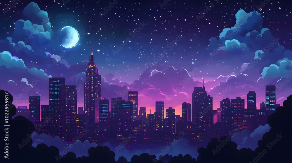 Fototapeta premium Pixelated Cityscape at Night with Crescent Moon and Stars