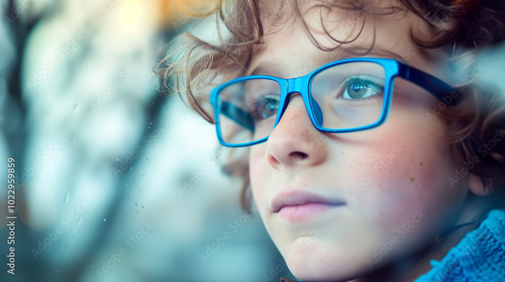 Young child wearing blue glasses focusing on distant tree outside window, symbolizing myopia prevention and importance of outdoor activities. Young child wearing blue glasses focusing on distant tree outside window, symbolizing myopia prevention and importance of outdoor activities.