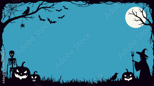 Blue Halloween banner with a large space for text. The border is decorated with black silhouettes of Halloween icons including a jack-o'-lantern, skeleton, witch, crow, bats and spider. photo