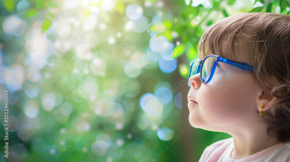 Young child wearing blue glasses focusing on distant tree outside window, symbolizing myopia prevention and importance of outdoor activities. Young child wearing blue glasses focusing on distant tree outside window, symbolizing myopia prevention and importance of outdoor activities.