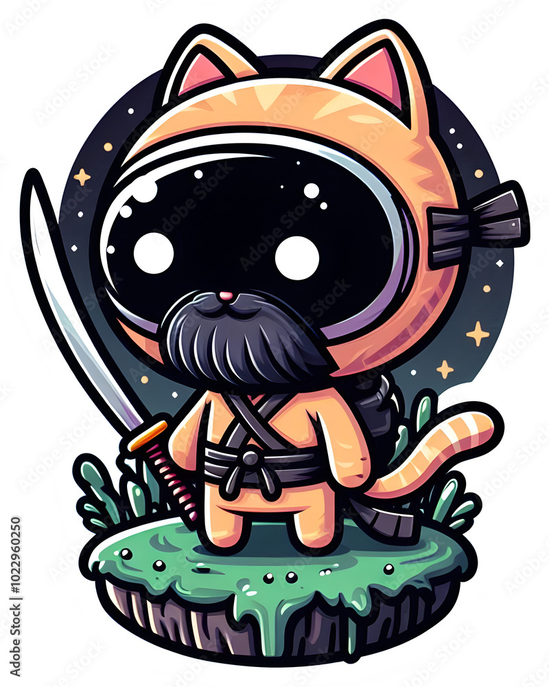 Fototapeta premium Cute cartoon samurai cat with sword on floating island