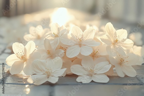 a pile of white flowers scattered across a sidewalk soft sunlight illuminating the petals capturing the beauty of nature in an urban setting evoking a sense of peace and simplicity photo