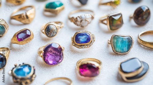 Detailed close-up of various gemstone rings, showcasing their colorful stones and craftsmanship on a white surface