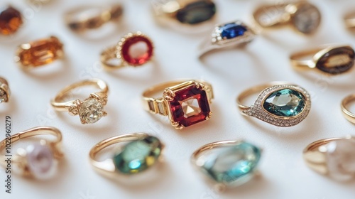 Detailed close-up of various gemstone rings, showcasing their colorful stones and craftsmanship on a white surface