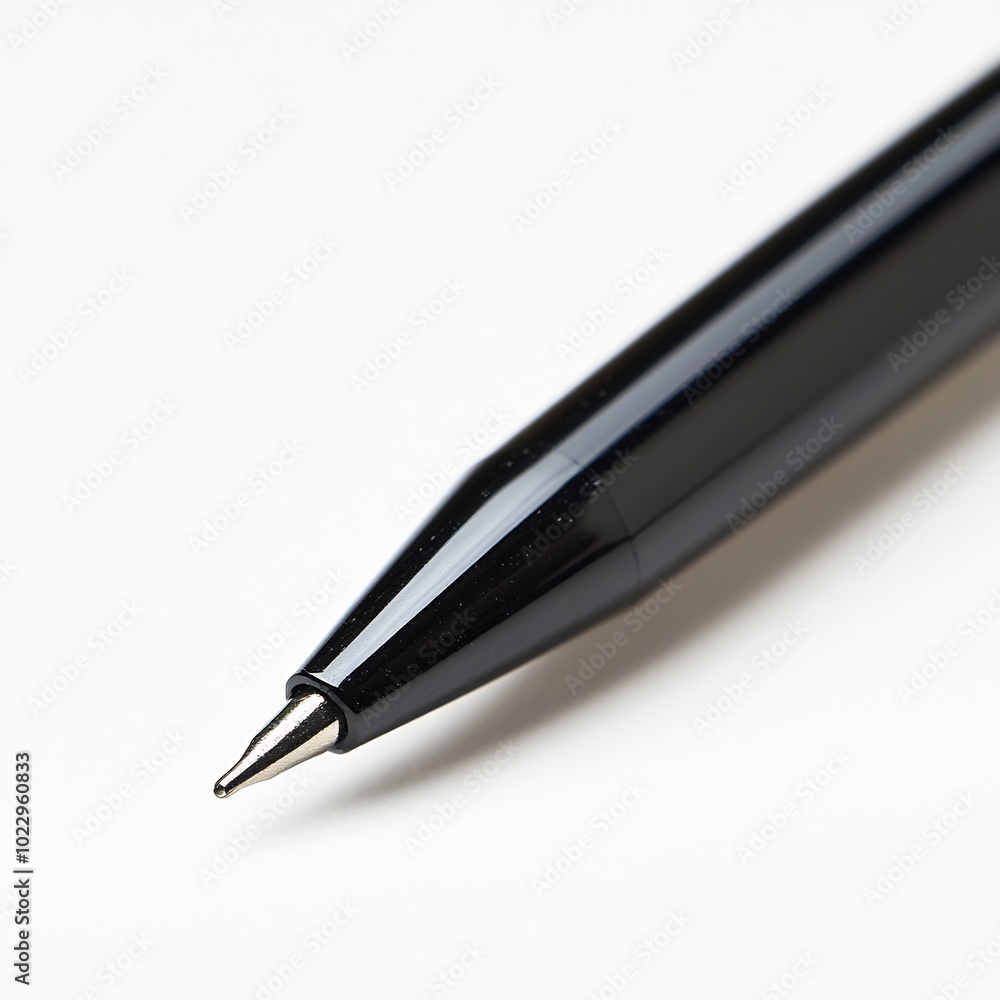 Pen cap removed, tip exposed, close-up from a diagonal angle, white background Pen cap removed, tip exposed, close-up from a diagonal angle, white background