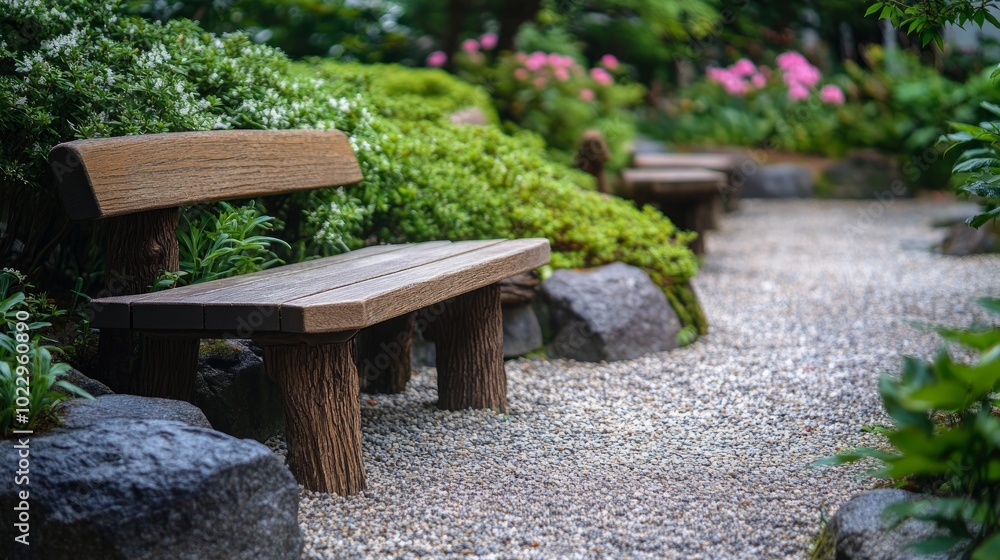 A wooden bench sits on a gravel path in a lush, green garden, surrounded by rocks and flowers. A wooden bench sits on a gravel path in a lush, green garden, surrounded by rocks and flowers.
