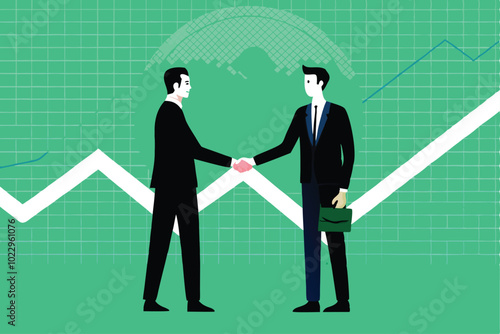 Vector illustration of two businessmen shaking hands in front of a green grid background with white and blue line graphs.