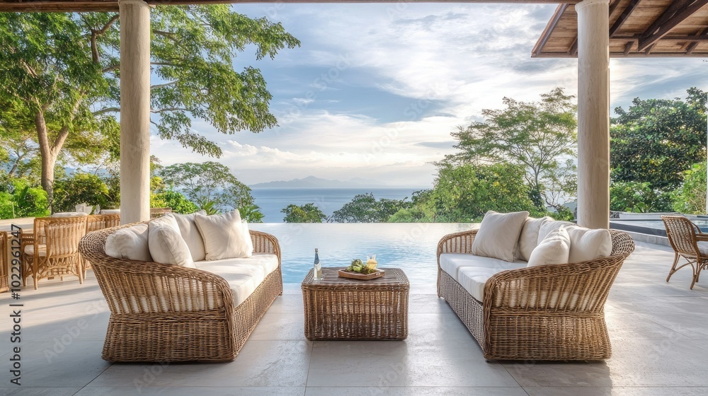 Elegant rattan sofa set on a patio overlooking a pool, perfect for outdoor lounging and relaxation Elegant rattan sofa set on a patio overlooking a pool, perfect for outdoor lounging and relaxation