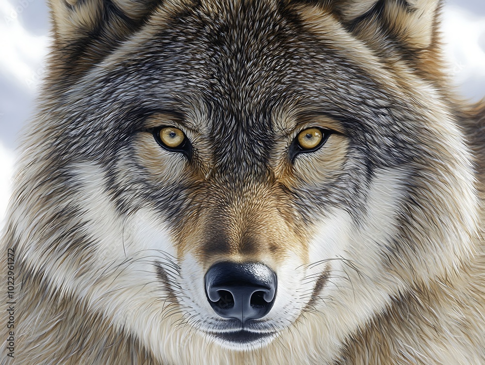 Fototapeta premium Close-Up of a Wolf's Face Featuring Piercing Eyes and Detailed Fur Texture