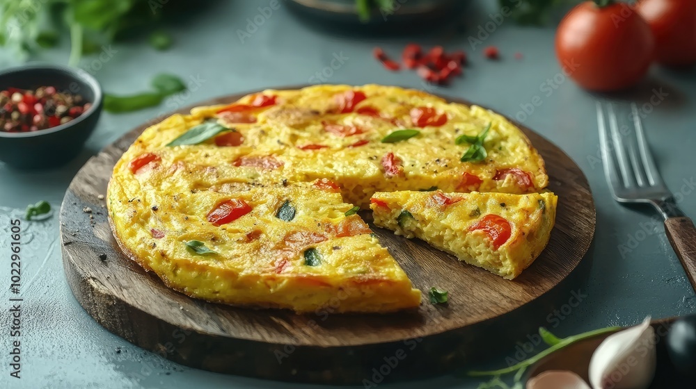 Fluffy egg frittata, vegetables visible, on a rustic wooden board, natural background. Fluffy egg frittata, vegetables visible, on a rustic wooden board, natural background.