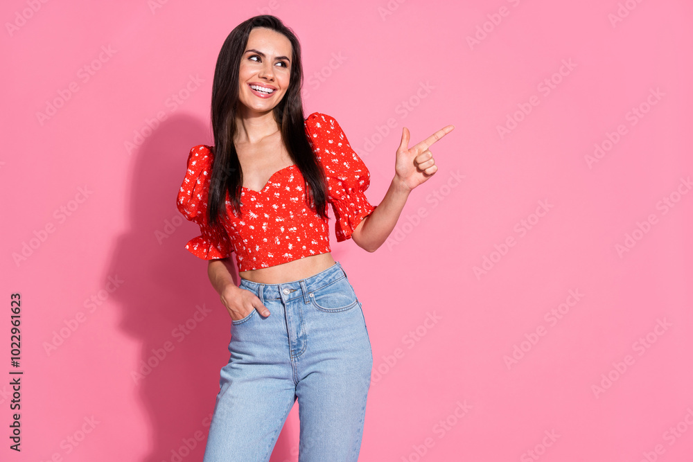 Portrait photo of young hispanic brunette beautiful woman in red blouse direct finger mockup isolated on pink color background