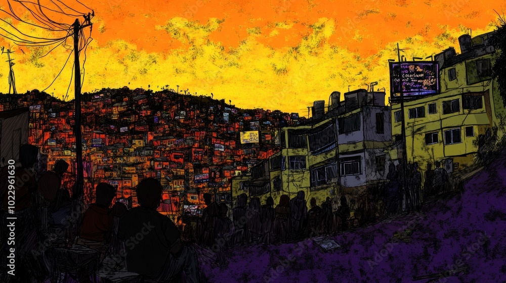 Obraz premium A vibrant sunset over a densely populated hillside, showcasing urban life and community.