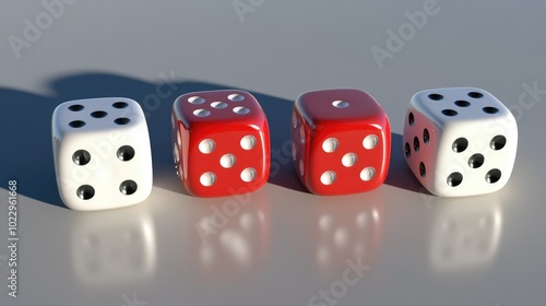 Four dice, arranged, one red and three white, numbers visible, high contrast, side lighting.