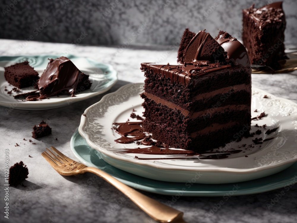 Plate with slice of tasty homemade chocolate cake on table. Homemade chocolate cake slice indulgence Plate with slice of tasty homemade chocolate cake on table. Homemade chocolate cake slice indulgence
