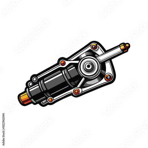 Illustration of a windshield wiper motor, a compact device with a black cylindrical body, a silver gear, and orange accents.